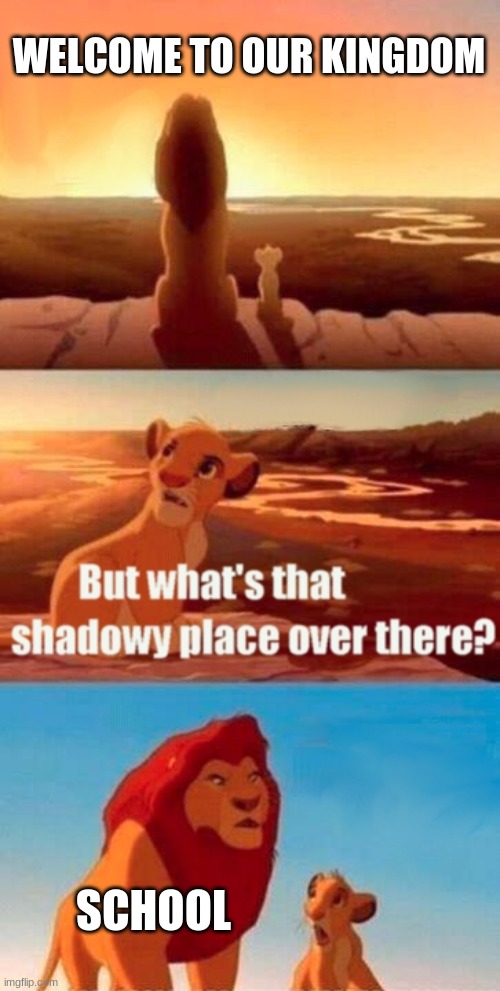 Simba Shadowy Place | WELCOME TO OUR KINGDOM; SCHOOL | image tagged in memes,simba shadowy place | made w/ Imgflip meme maker