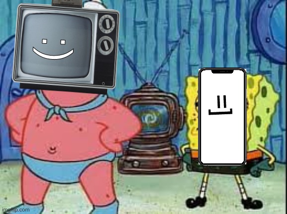 tv man and cell phone boy | :); =] | image tagged in spongebob | made w/ Imgflip meme maker