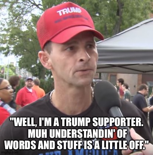 Trump supporter | "WELL, I'M A TRUMP SUPPORTER.  MUH UNDERSTANDIN' OF WORDS AND STUFF IS A LITTLE OFF." | image tagged in trump supporter | made w/ Imgflip meme maker