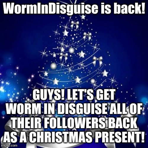 Merry Christmas  | WormInDisguise is back! GUYS! LET'S GET WORM IN DISGUISE ALL OF THEIR FOLLOWERS BACK AS A CHRISTMAS PRESENT! | image tagged in merry christmas | made w/ Imgflip meme maker