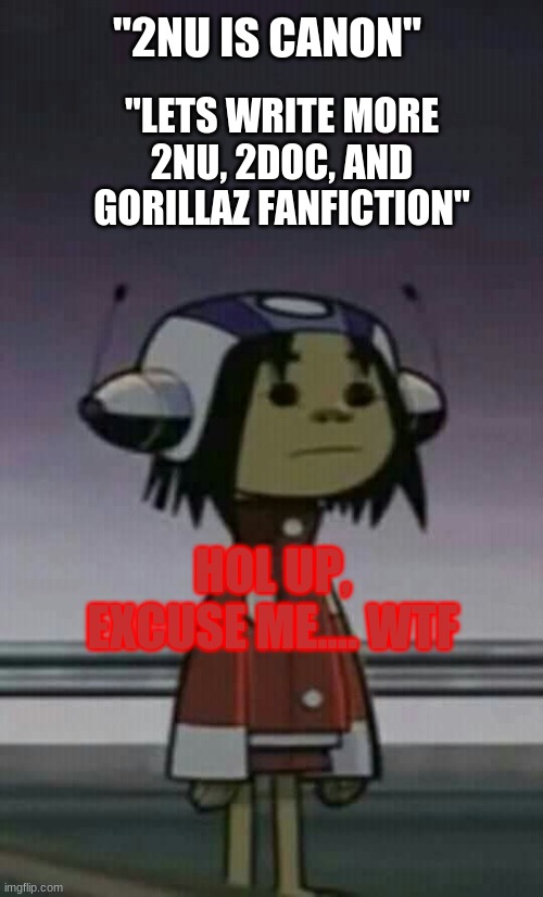 NoT tOdAy SiNnErS! (im talking to you murdoc) | "2NU IS CANON"; "LETS WRITE MORE 2NU, 2DOC, AND GORILLAZ FANFICTION"; HOL UP, EXCUSE ME.... WTF | image tagged in confused noodle | made w/ Imgflip meme maker