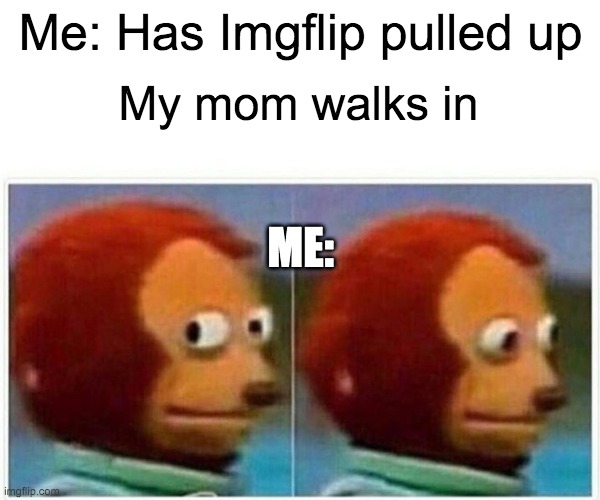 Monkey Puppet Meme | Me: Has Imgflip pulled up; My mom walks in; ME: | image tagged in memes,monkey puppet | made w/ Imgflip meme maker