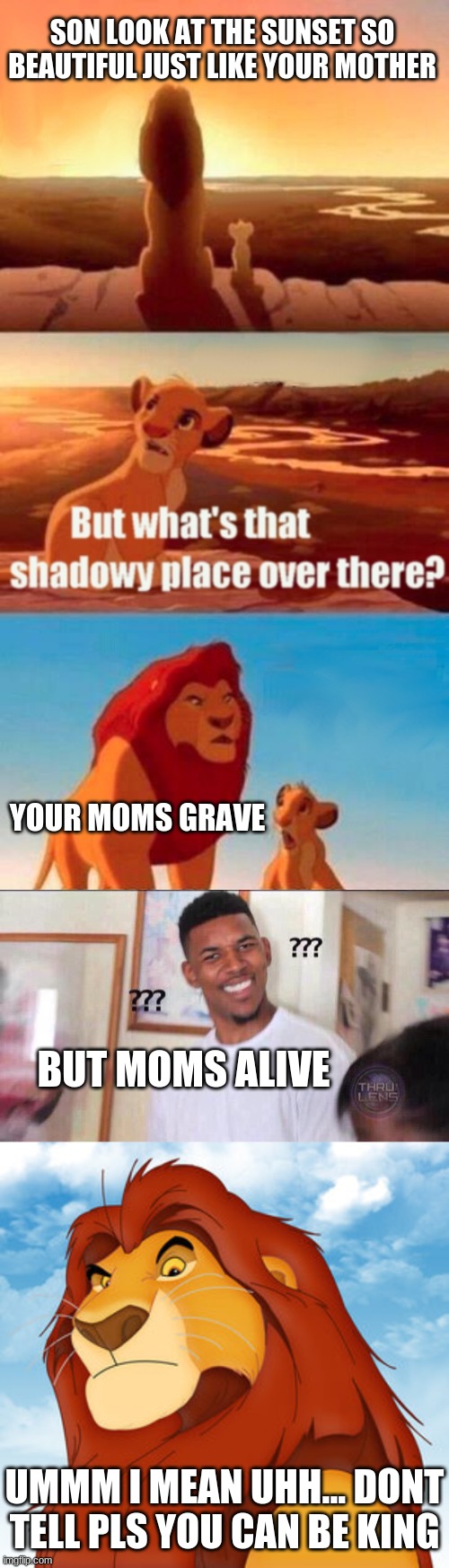 SON LOOK AT THE SUNSET SO BEAUTIFUL JUST LIKE YOUR MOTHER; YOUR MOMS GRAVE; BUT MOMS ALIVE; UMMM I MEAN UHH... DONT TELL PLS YOU CAN BE KING | image tagged in memes,simba shadowy place,black guy confused,mufasa | made w/ Imgflip meme maker