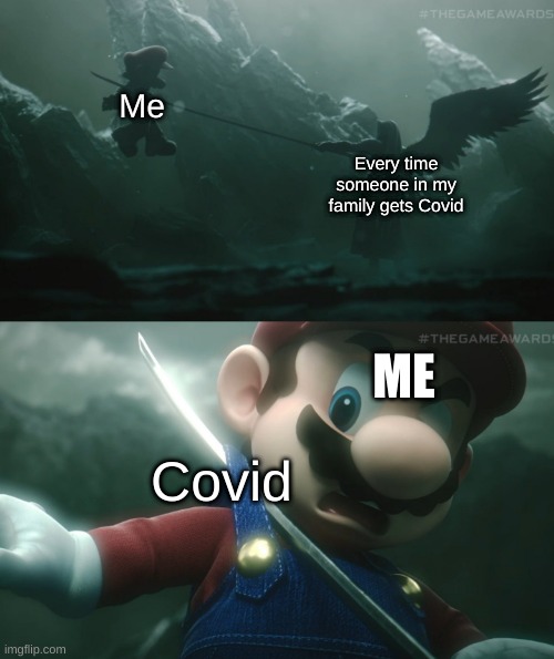 Tru tho | Me; Every time someone in my family gets Covid; ME; Covid | image tagged in mario sephiroth stab | made w/ Imgflip meme maker