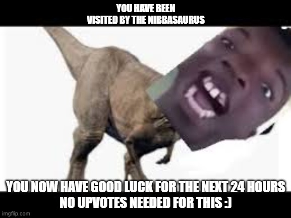 good luck m8 | YOU HAVE BEEN VISITED BY THE NIBBASAURUS; YOU NOW HAVE GOOD LUCK FOR THE NEXT 24 HOURS
NO UPVOTES NEEDED FOR THIS :) | image tagged in nigersaurus | made w/ Imgflip meme maker