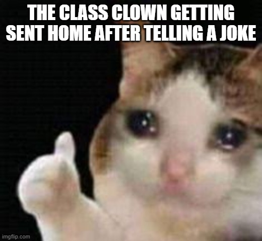 *sad laughter* | THE CLASS CLOWN GETTING SENT HOME AFTER TELLING A JOKE | image tagged in approved crying cat,cool memes,funny memes | made w/ Imgflip meme maker