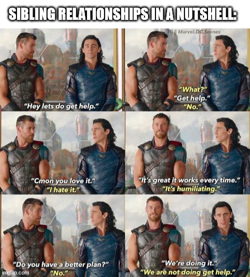 : 0 | SIBLING RELATIONSHIPS IN A NUTSHELL: | image tagged in marvel,thor ragnarok,thor,loki | made w/ Imgflip meme maker