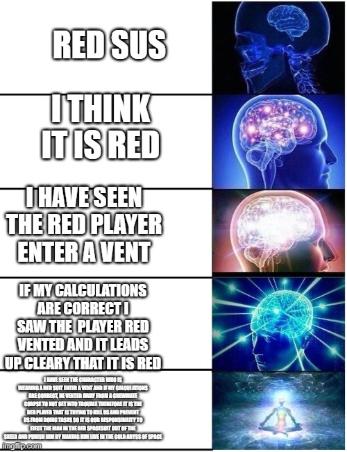 Expanding Brain 5 Panel | RED SUS; I THINK IT IS RED; I HAVE SEEN THE RED PLAYER ENTER A VENT; IF MY CALCULATIONS ARE CORRECT I SAW THE  PLAYER RED VENTED AND IT LEADS UP CLEARY THAT IT IS RED; I HAVE SEEN THE CHARACTER WHO IS WEARING A RED SUIT ENTER A VENT AND IF MY CALCULATIONS ARE CORRECT, HE VENTED AWAY FROM A CREWMATE CORPSE TO NOT GET INTO TROUBLE THEREFORE IT IS THE RED PLAYER THAT IS TRYING TO KILL US AND PREVENT US FROM DOING TASKS SO IT IS OUR RESPONSIBILITY TO EJECT THE MAN IN THE RED SPACESUIT OUT OF THE SKELD AND PUNISH HIM BY MAKING HIM LIVE IN THE COLD ABYSS OF SPACE | image tagged in expanding brain 5 panel | made w/ Imgflip meme maker