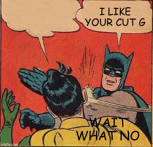 no no no | I LIKE YOUR CUT G; WAIT WHAT NO | image tagged in memes,batman slapping robin | made w/ Imgflip meme maker