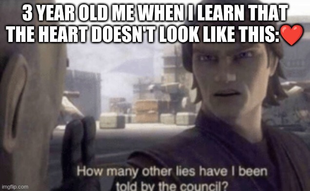 How many other lies have i been told by the council | 3 YEAR OLD ME WHEN I LEARN THAT THE HEART DOESN'T LOOK LIKE THIS:❤️ | image tagged in how many other lies have i been told by the council | made w/ Imgflip meme maker