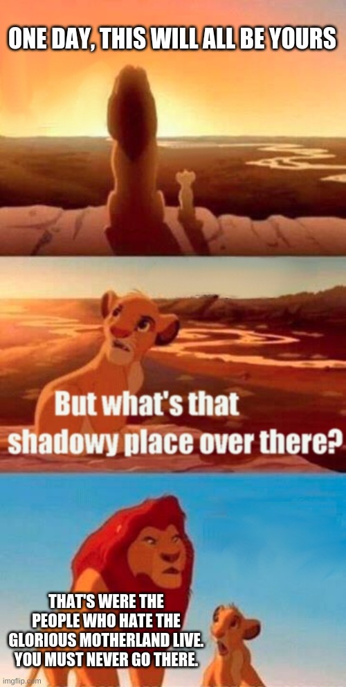 Simba Shadowy Place | ONE DAY, THIS WILL ALL BE YOURS; THAT'S WERE THE PEOPLE WHO HATE THE GLORIOUS MOTHERLAND LIVE. YOU MUST NEVER GO THERE. | image tagged in memes,simba shadowy place | made w/ Imgflip meme maker