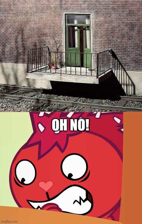 Ok, They'll gonna get run over. | OH NO! | image tagged in feared flaky htf,funny,you had one job,memes,death,trains | made w/ Imgflip meme maker