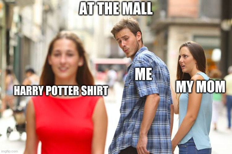 At the mall | AT THE MALL; ME; MY MOM; HARRY POTTER SHIRT | image tagged in memes,distracted boyfriend | made w/ Imgflip meme maker