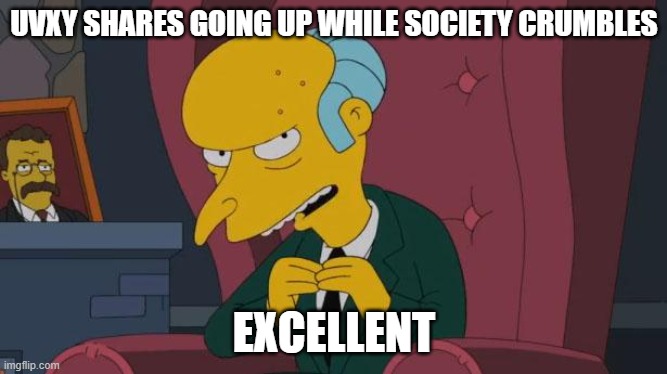 Mr Burns Simpsons Chair | UVXY SHARES GOING UP WHILE SOCIETY CRUMBLES; EXCELLENT | image tagged in mr burns simpsons chair | made w/ Imgflip meme maker
