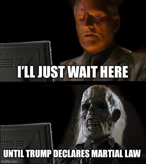 What’s the hold up? | I’LL JUST WAIT HERE; UNTIL TRUMP DECLARES MARTIAL LAW | image tagged in i'll just wait here,donald trump,maga,civil war,martial law,sure | made w/ Imgflip meme maker