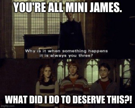 Why is it when something happens it is always you three? | YOU'RE ALL MINI JAMES. WHAT DID I DO TO DESERVE THIS?! | image tagged in why is it when something happens it is always you three | made w/ Imgflip meme maker