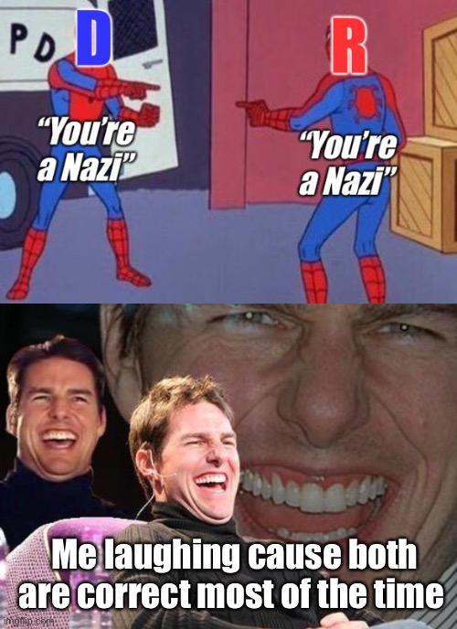 Me laughing cause both are correct most of the time | image tagged in tom cruise laugh,political meme | made w/ Imgflip meme maker