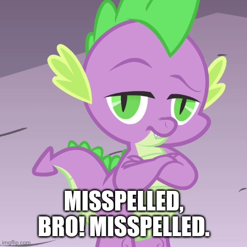 Disappointed Spike (MLP) | MISSPELLED, BRO! MISSPELLED. | image tagged in disappointed spike mlp | made w/ Imgflip meme maker