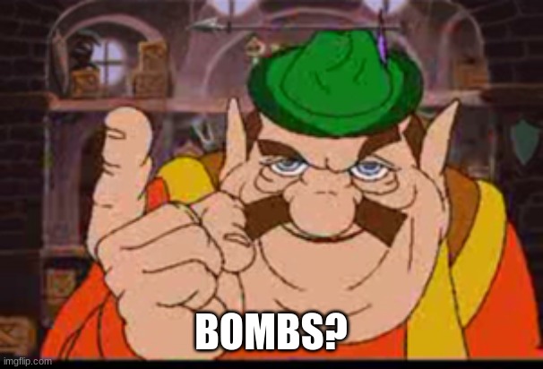 Morshu | BOMBS? | image tagged in morshu | made w/ Imgflip meme maker