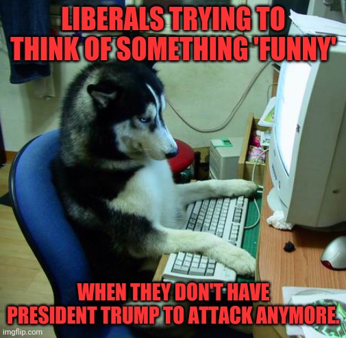 Libs can't meme | LIBERALS TRYING TO THINK OF SOMETHING 'FUNNY'; WHEN THEY DON'T HAVE PRESIDENT TRUMP TO ATTACK ANYMORE. | image tagged in memes,i have no idea what i am doing,liberals | made w/ Imgflip meme maker