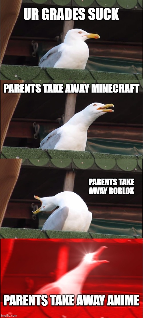 NOOO, I NEED ANIME | UR GRADES SUCK; PARENTS TAKE AWAY MINECRAFT; PARENTS TAKE AWAY ROBLOX; PARENTS TAKE AWAY ANIME | image tagged in memes,inhaling seagull,funny | made w/ Imgflip meme maker