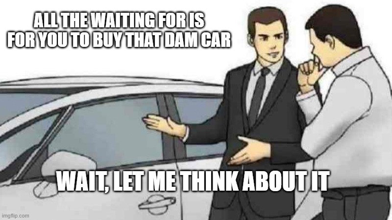 Car Salesman Slaps Roof Of Car Meme | ALL THE WAITING FOR IS FOR YOU TO BUY THAT DAM CAR; WAIT, LET ME THINK ABOUT IT | image tagged in memes,car salesman slaps roof of car | made w/ Imgflip meme maker