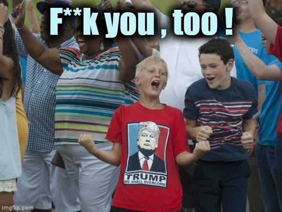 Crazy Donald Trump shirt kid | F**k you , too ! | image tagged in crazy donald trump shirt kid | made w/ Imgflip meme maker