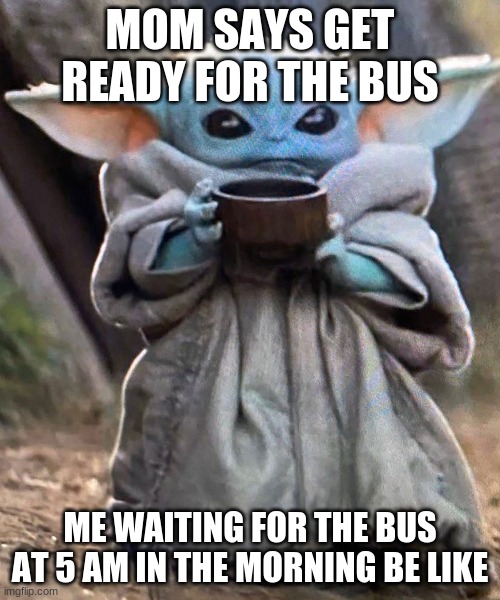 baby yoda meme | MOM SAYS GET READY FOR THE BUS; ME WAITING FOR THE BUS AT 5 AM IN THE MORNING BE LIKE | image tagged in funny memes,baby yoda | made w/ Imgflip meme maker