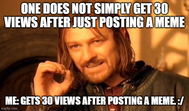 One Does Not Simply Meme | ONE DOES NOT SIMPLY GET 30 VIEWS AFTER JUST POSTING A MEME ME: GETS 30 VIEWS AFTER POSTING A MEME. :/ | image tagged in memes,one does not simply | made w/ Imgflip meme maker
