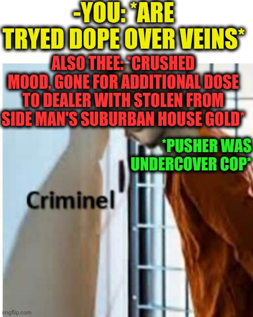 -Traps everywhere. | -YOU: *ARE TRYED DOPE OVER VEINS*; ALSO THEE: *CRUSHED MOOD, GONE FOR ADDITIONAL DOSE TO DEALER WITH STOLEN FROM SIDE MAN'S SUBURBAN HOUSE GOLD*; *PUSHER WAS UNDERCOVER COP* | image tagged in criminel,undercover,billy's agent,heroin,patrick star withdrawals,don't do drugs | made w/ Imgflip meme maker