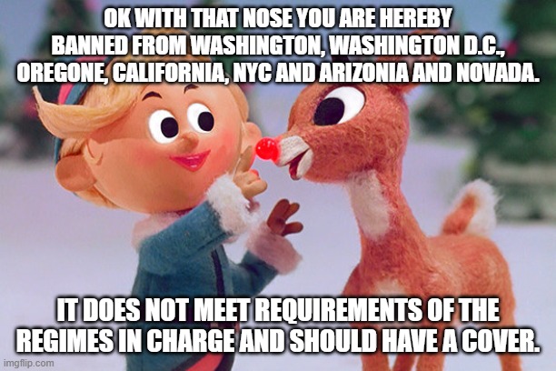 They never let poor Rudolph.  Play in any reindeer games. | OK WITH THAT NOSE YOU ARE HEREBY BANNED FROM WASHINGTON, WASHINGTON D.C., OREGONE, CALIFORNIA, NYC AND ARIZONIA AND NOVADA. IT DOES NOT MEET REQUIREMENTS OF THE REGIMES IN CHARGE AND SHOULD HAVE A COVER. | image tagged in rudolph | made w/ Imgflip meme maker