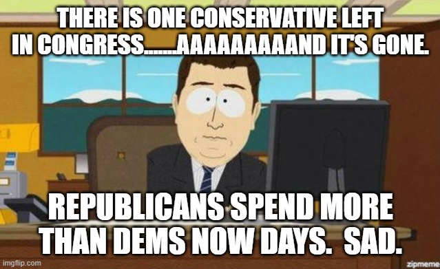 Aaaand it's gone  | THERE IS ONE CONSERVATIVE LEFT IN CONGRESS.......AAAAAAAAAND IT'S G0NE. REPUBLICANS SPEND MORE THAN DEMS NOW DAYS.  SAD. | image tagged in aaaand it's gone | made w/ Imgflip meme maker