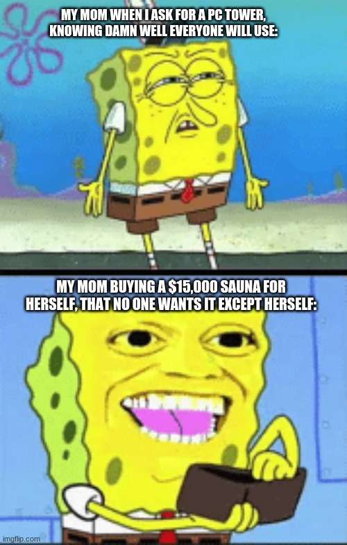 My moms logic | MY MOM WHEN I ASK FOR A PC TOWER, KNOWING DAMN WELL EVERYONE WILL USE:; MY MOM BUYING A $15,000 SAUNA FOR HERSELF, THAT NO ONE WANTS IT EXCEPT HERSELF: | image tagged in spongebob money,moms,bruh moment,memes,dank memes,funny memes | made w/ Imgflip meme maker