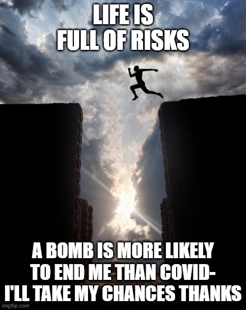 LIFE IS RISKY- I'LL TAKE MY CHANCES THANKS | LIFE IS FULL OF RISKS; A BOMB IS MORE LIKELY TO END ME THAN COVID- I'LL TAKE MY CHANCES THANKS | image tagged in risky jump | made w/ Imgflip meme maker