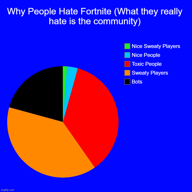 Fortnite Hate (Lets change the community if u see this) | Why People Hate Fortnite (What they really hate is the community) | Bots, Sweaty Players, Toxic People, Nice People, Nice Sweaty Players | image tagged in pie charts,fortnite | made w/ Imgflip chart maker