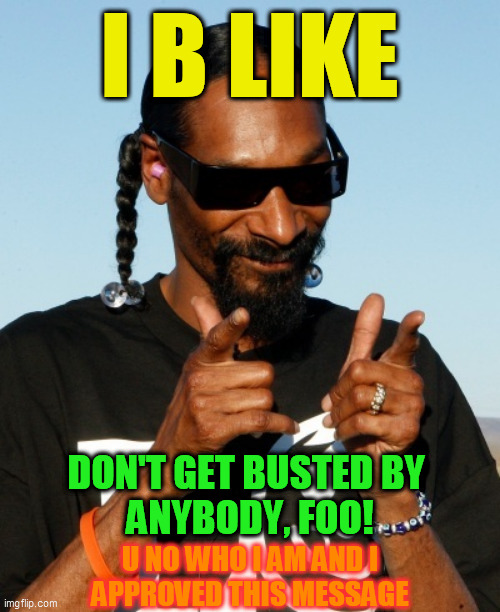 Snoop Dogg approves | I B LIKE DON'T GET BUSTED BY 
ANYBODY, FOO! U NO WHO I AM AND I
APPROVED THIS MESSAGE | image tagged in snoop dogg approves | made w/ Imgflip meme maker