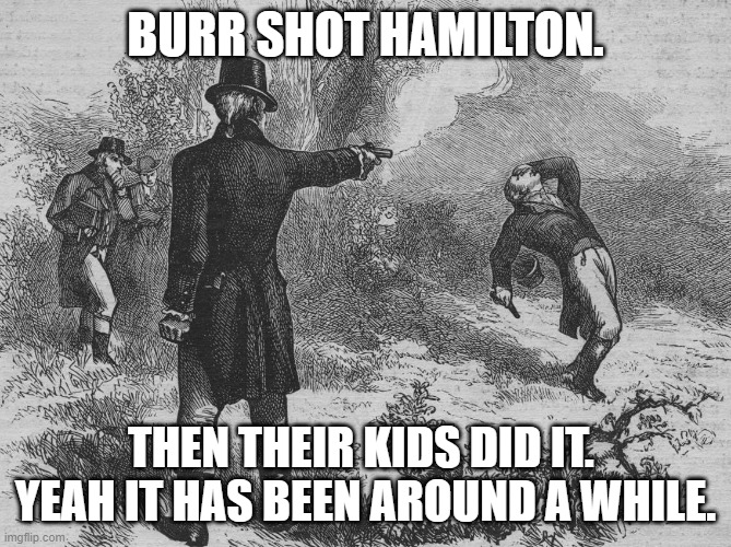 Aaron Burr and Alexander Hamilton | BURR SHOT HAMILTON. THEN THEIR KIDS DID IT.  YEAH IT HAS BEEN AROUND A WHILE. | image tagged in aaron burr and alexander hamilton | made w/ Imgflip meme maker
