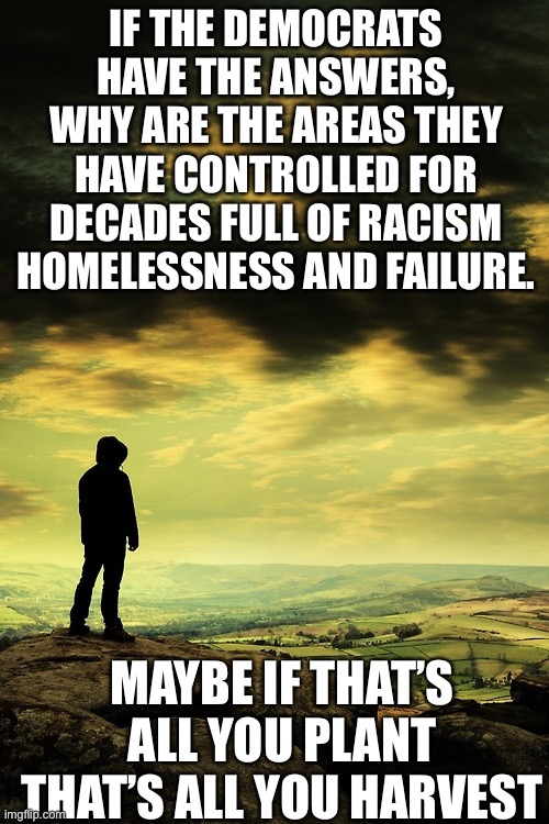 Why are Democratic run Cities such crap now | IF THE DEMOCRATS HAVE THE ANSWERS, WHY ARE THE AREAS THEY HAVE CONTROLLED FOR DECADES FULL OF RACISM HOMELESSNESS AND FAILURE. MAYBE IF THAT’S ALL YOU PLANT THAT’S ALL YOU HARVEST | image tagged in deep thoughts,pondering,hmmm,task failed successfully,democratic socialism | made w/ Imgflip meme maker