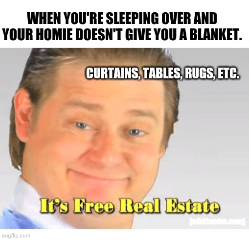 Life | WHEN YOU'RE SLEEPING OVER AND YOUR HOMIE DOESN'T GIVE YOU A BLANKET. CURTAINS, TABLES, RUGS, ETC. | image tagged in it's free real estate | made w/ Imgflip meme maker