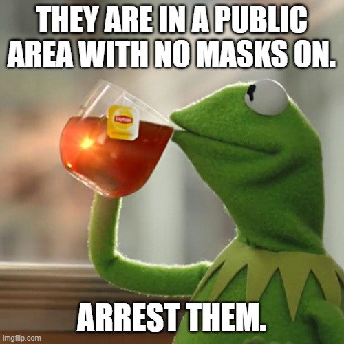 But That's None Of My Business Meme | THEY ARE IN A PUBLIC AREA WITH NO MASKS ON. ARREST THEM. | image tagged in memes,but that's none of my business,kermit the frog | made w/ Imgflip meme maker
