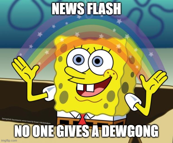 Sponge Bob imagination | NEWS FLASH NO ONE GIVES A DEWGONG | image tagged in sponge bob imagination | made w/ Imgflip meme maker