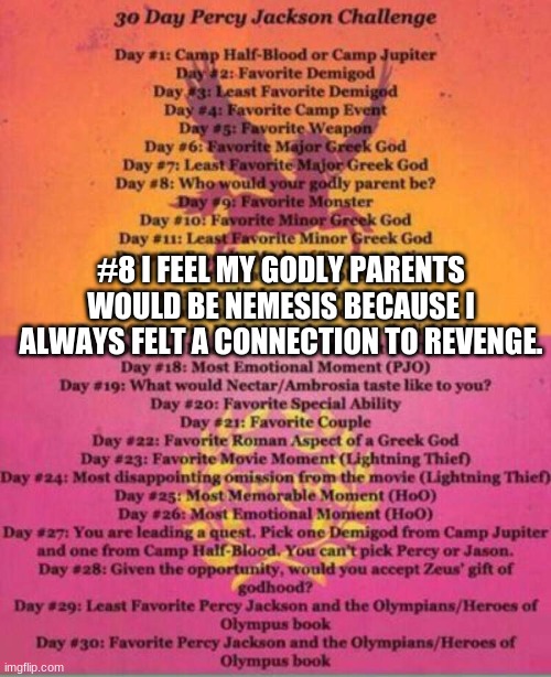 30 day challenge | #8 I FEEL MY GODLY PARENTS WOULD BE NEMESIS BECAUSE I ALWAYS FELT A CONNECTION TO REVENGE. | image tagged in 30 day challenge | made w/ Imgflip meme maker