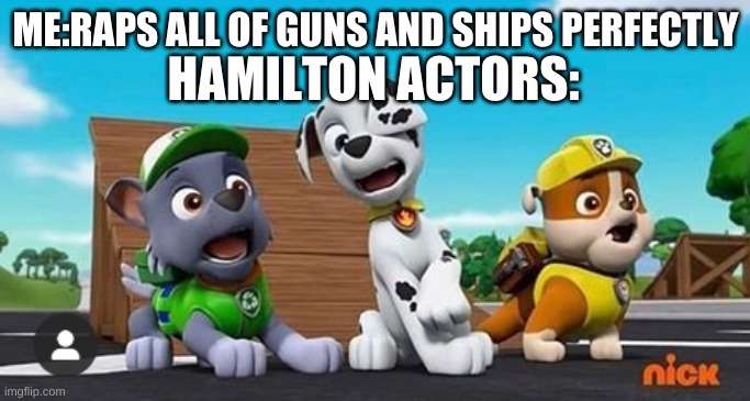 a meme for hamilton lovers | HAMILTON ACTORS:; ME:RAPS ALL OF GUNS AND SHIPS PERFECTLY | image tagged in paw patrol shocked rocky marshall and rubble | made w/ Imgflip meme maker