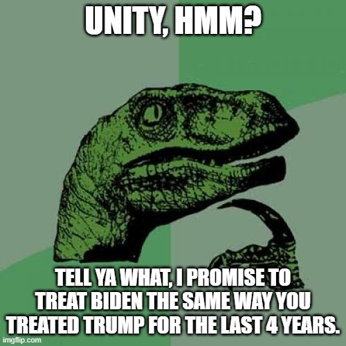 sounds good ? |  UNITY, HMM? TELL YA WHAT, I PROMISE TO TREAT BIDEN THE SAME WAY YOU TREATED TRUMP FOR THE LAST 4 YEARS. | image tagged in memes,philosoraptor,political meme,fairness,2020 | made w/ Imgflip meme maker