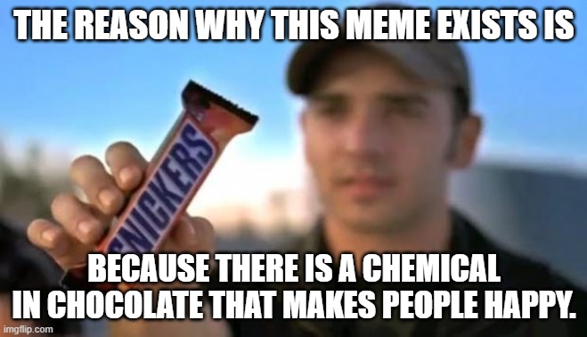 If ya feel sad, eat a snickers. | THE REASON WHY THIS MEME EXISTS IS; BECAUSE THERE IS A CHEMICAL IN CHOCOLATE THAT MAKES PEOPLE HAPPY. | image tagged in snickers | made w/ Imgflip meme maker