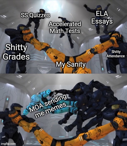 Carolina Meme Template | ELA Essays; SS Quizzes; Accelerated Math Tests; Shitty Grades; Shitty Attendance; My Sanity; MOA sending me memes | image tagged in carolina meme template | made w/ Imgflip meme maker