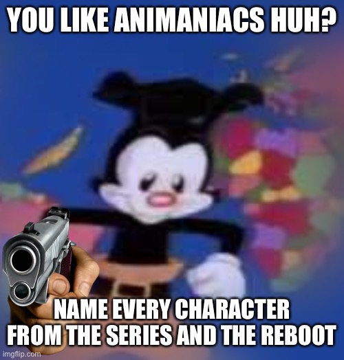 YAKKO | YOU LIKE ANIMANIACS HUH? NAME EVERY CHARACTER FROM THE SERIES AND THE REBOOT | image tagged in yakko | made w/ Imgflip meme maker