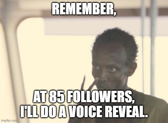 I'm The Captain Now | REMEMBER, AT 85 FOLLOWERS, I'LL DO A VOICE REVEAL. | image tagged in memes,i'm the captain now | made w/ Imgflip meme maker