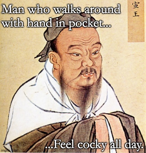 Cocky | Man who walks around with hand in pocket... ...Feel cocky all day. | image tagged in confucius says | made w/ Imgflip meme maker