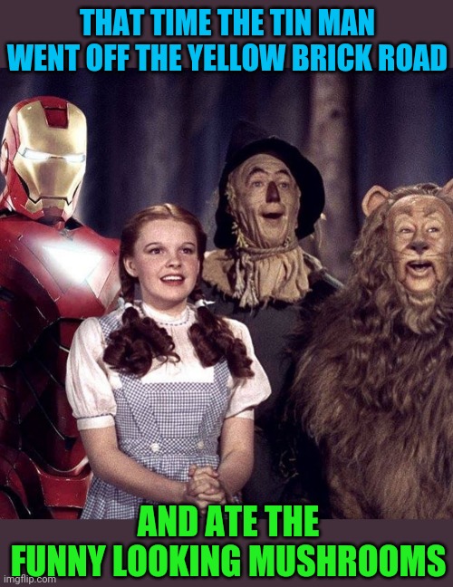 The Iron Man of Oz | THAT TIME THE TIN MAN WENT OFF THE YELLOW BRICK ROAD; AND ATE THE FUNNY LOOKING MUSHROOMS | image tagged in iron man,the wizard of oz,tin man,mushrooms,funny memes,photoshop | made w/ Imgflip meme maker